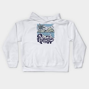 Beach Tropical Paradise Surfing Mountains Palm Tree Landscape Design Kids Hoodie